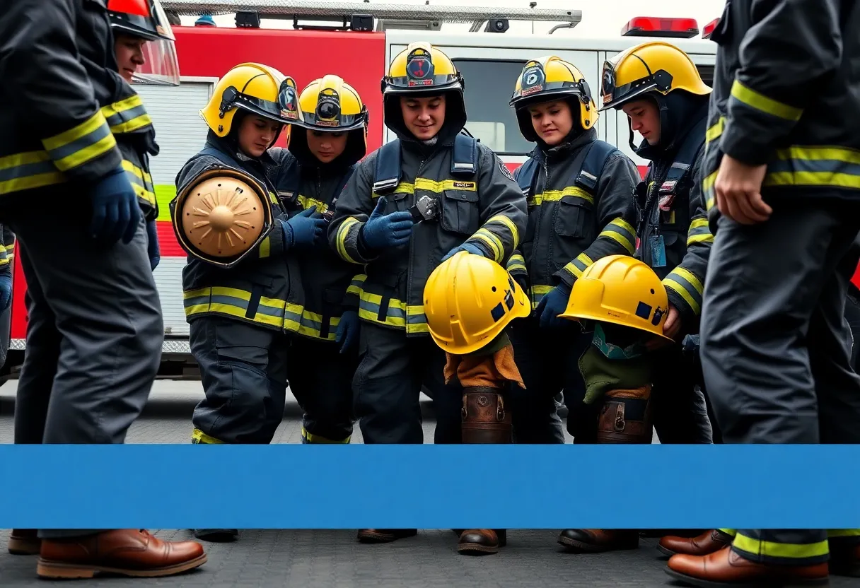 Firefighters inspecting new safety gear.