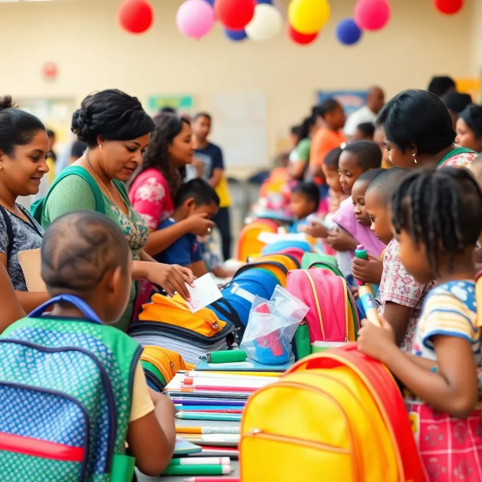 Community event featuring a back-to-school giveaway with families and children receiving school supplies and haircuts.