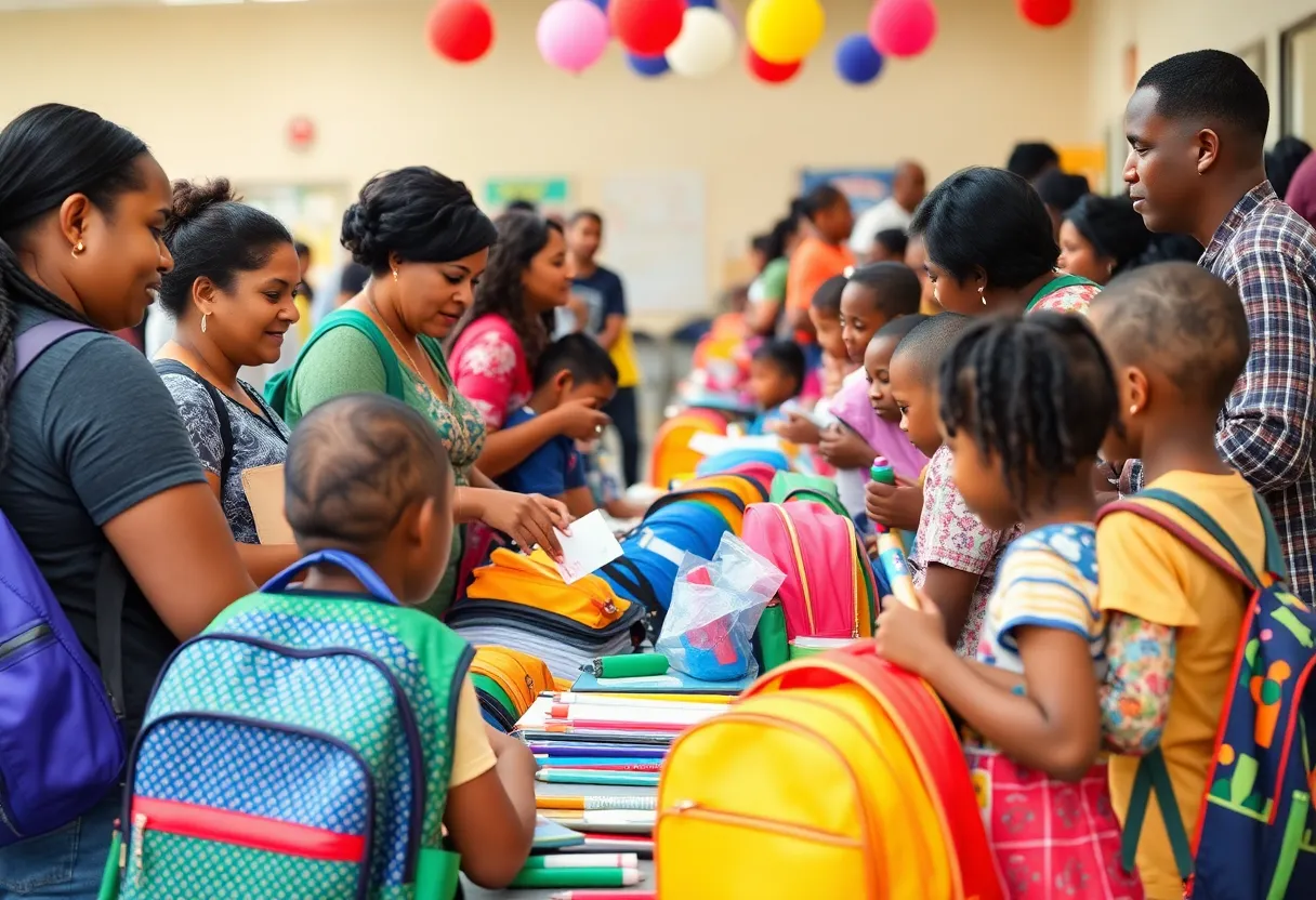 Community event featuring a back-to-school giveaway with families and children receiving school supplies and haircuts.