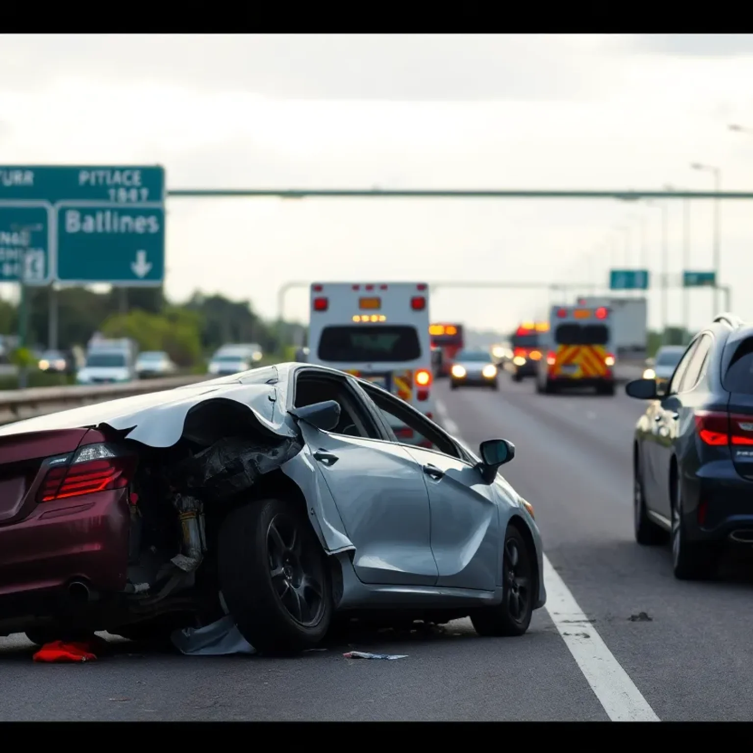 Scene of a car accident with overturned vehicle on I-95