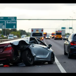 Scene of a car accident with overturned vehicle on I-95