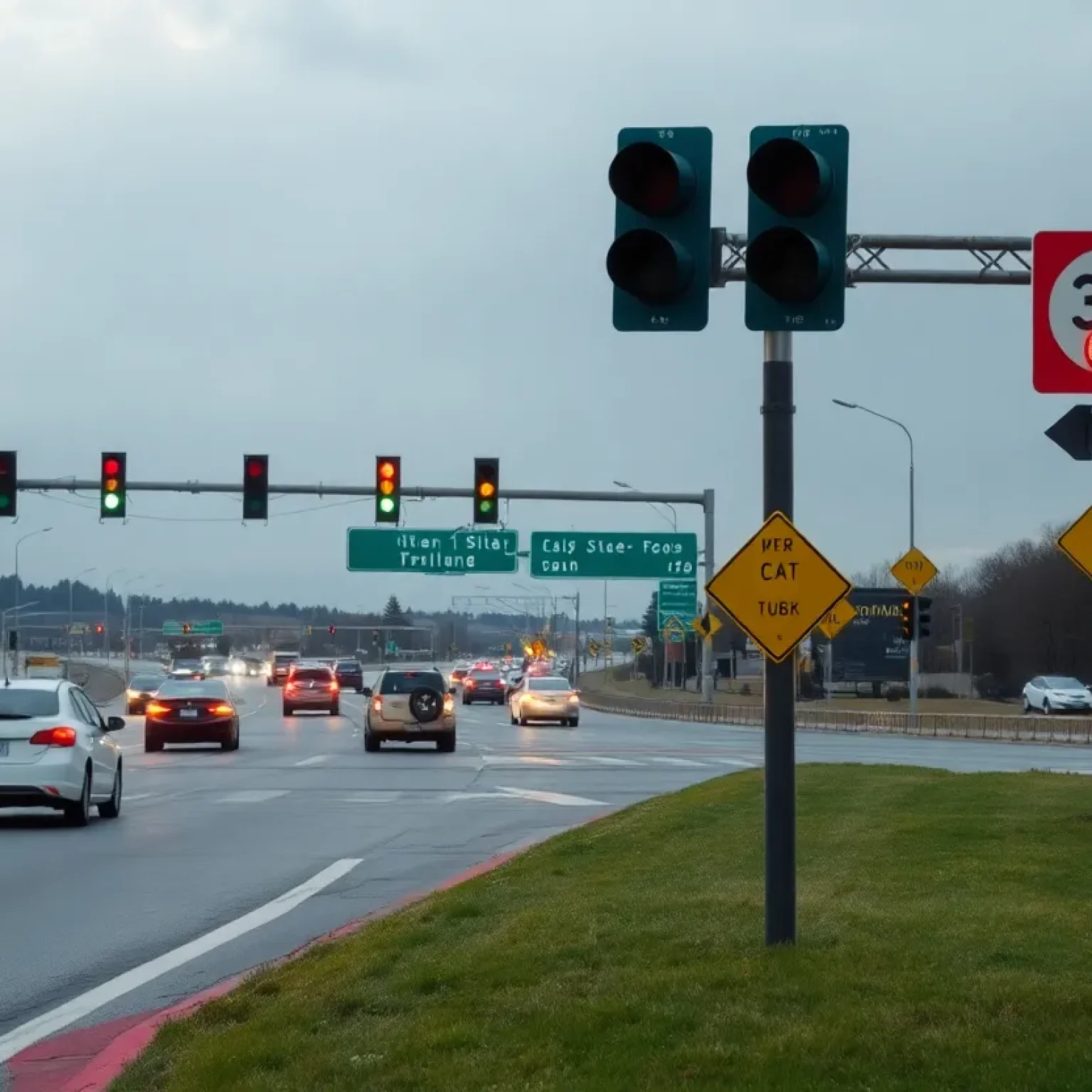 A busy highway intersection in Florence County with traffic lights and caution signs