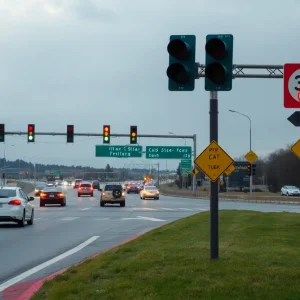 A busy highway intersection in Florence County with traffic lights and caution signs