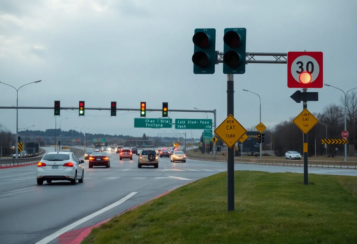 A busy highway intersection in Florence County with traffic lights and caution signs