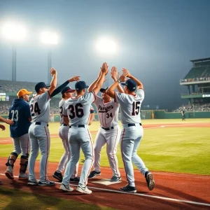 Florence Post 1 Jr. AAA baseball team celebrating their win in a match.