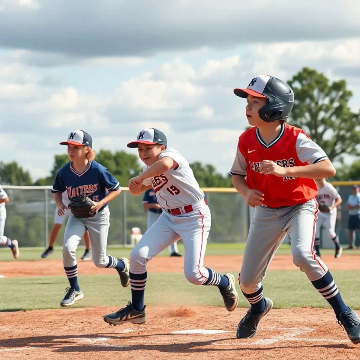 Young baseball players celebrating after a game victory