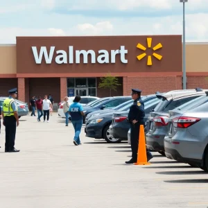 Community interacting in a Walmart parking lot with police presence.