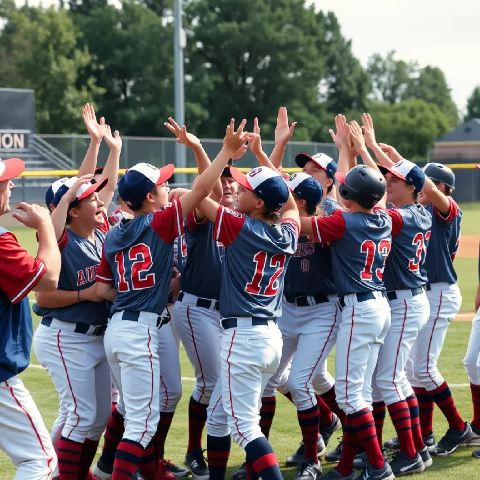 Youth baseball team celebrating a playoff victory at American Legion field