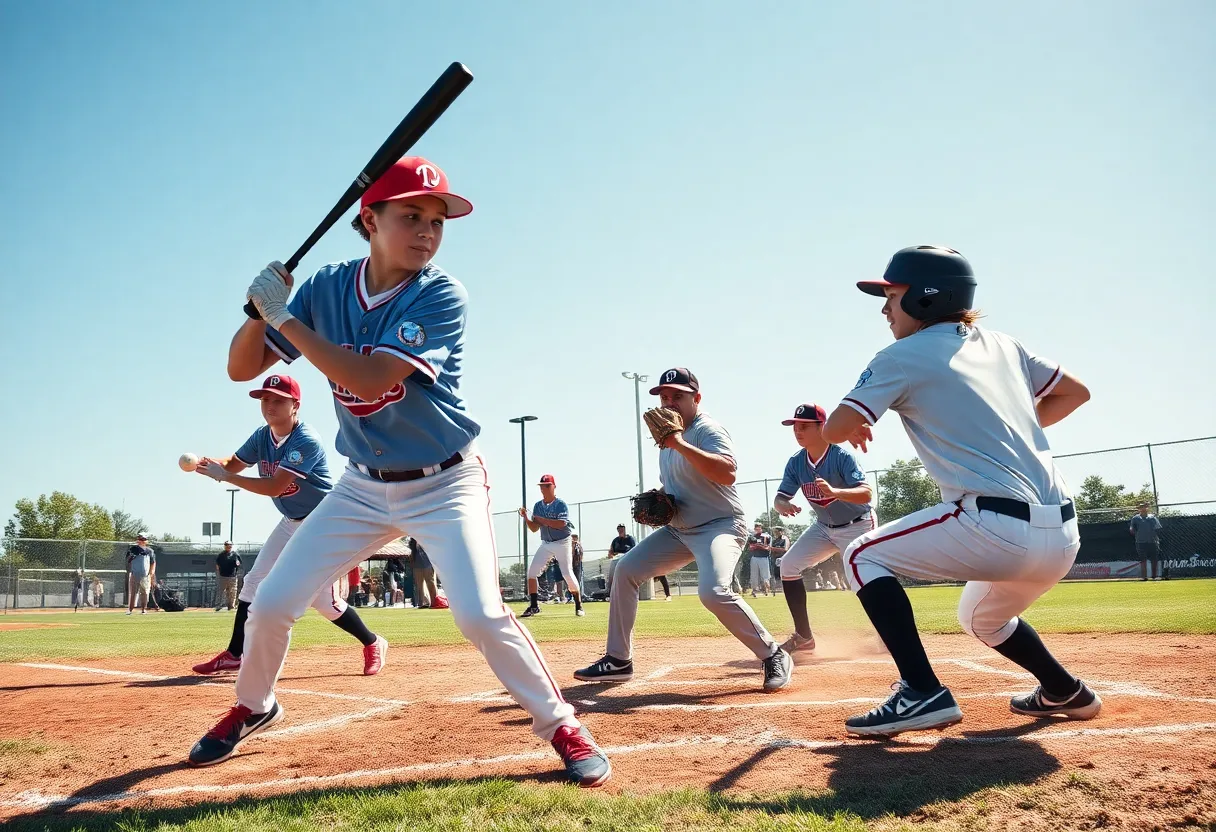 Florence Post 1 Junior AAA Legion baseball team playing an intense game.