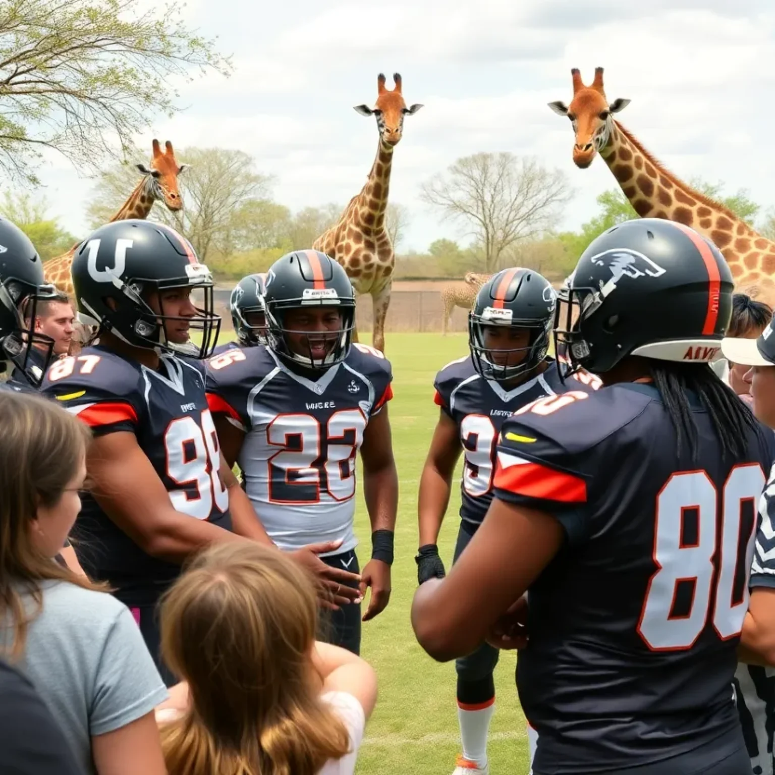 Fans interacting with football players and exotic animals at a safari park.