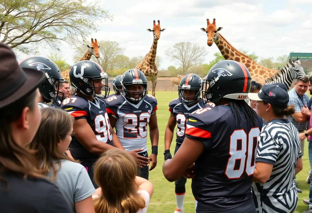 Fans interacting with football players and exotic animals at a safari park.