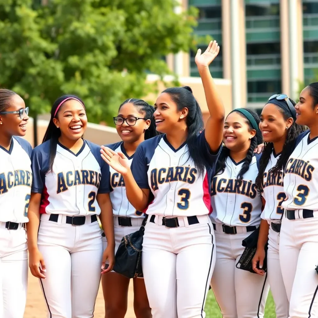 Francis Marion University softball players celebrating their academic recognition