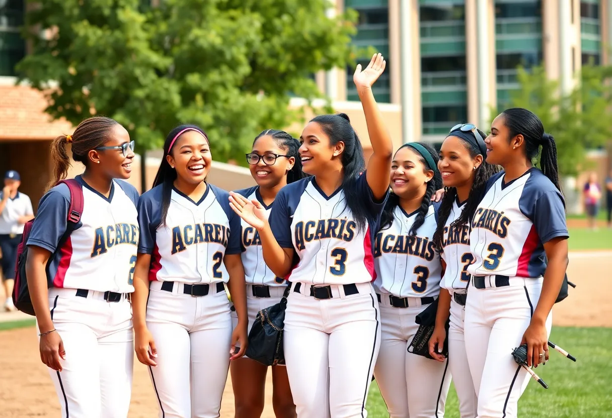 Francis Marion University softball players celebrating their academic recognition