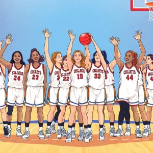 Francis Marion University women's basketball team celebrating victory