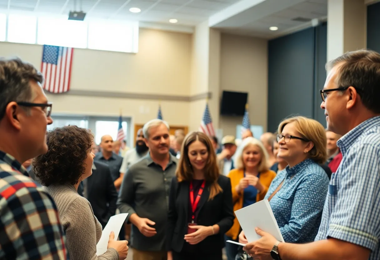 Voters engaged at a political rally for Gavin Newsom's 2028 campaign.