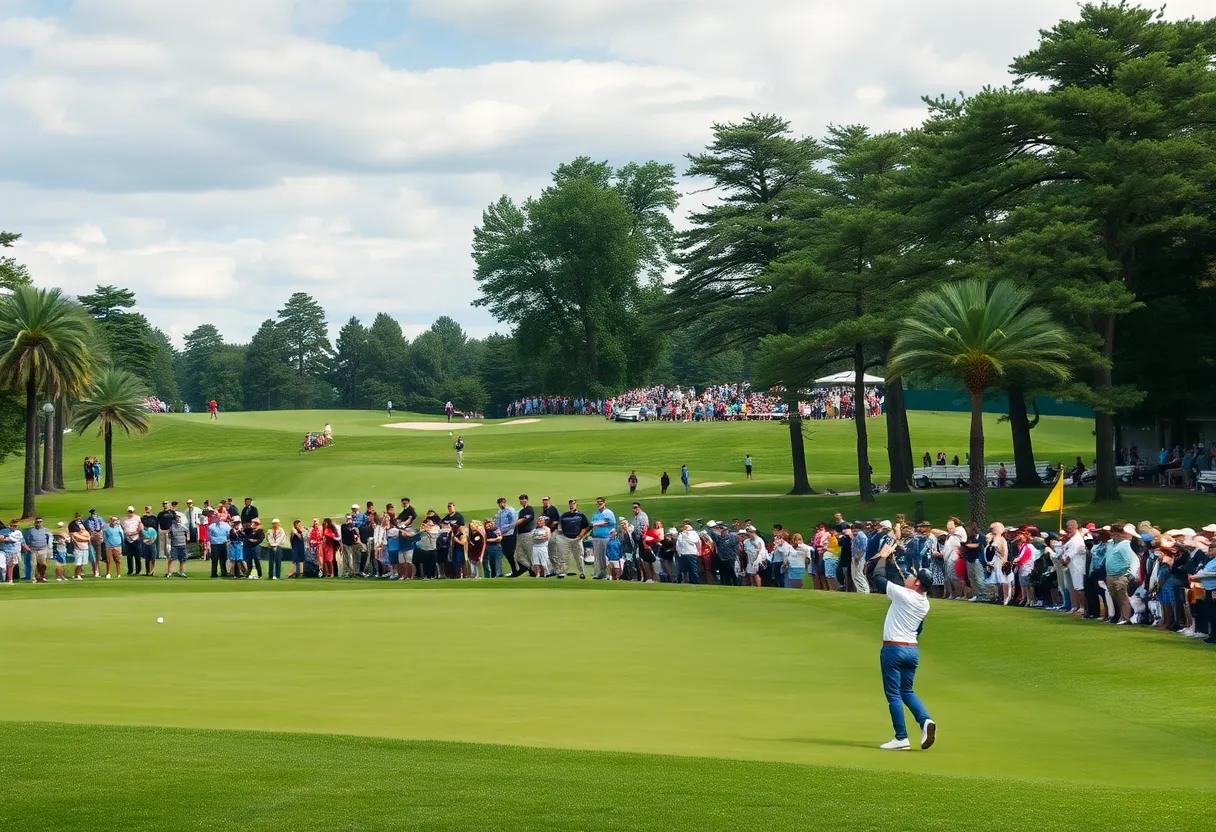 Spectators watching a golf championship on a sunny day.