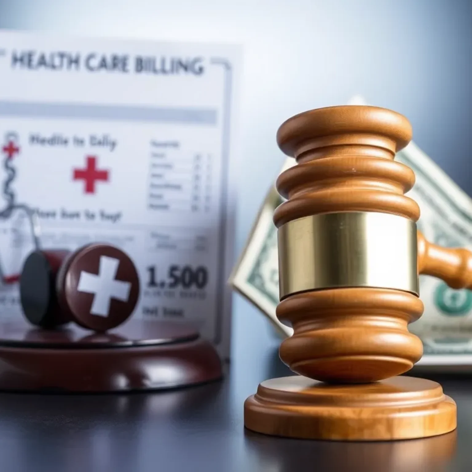 An illustration depicting health care fraud concepts with medical and legal symbols.