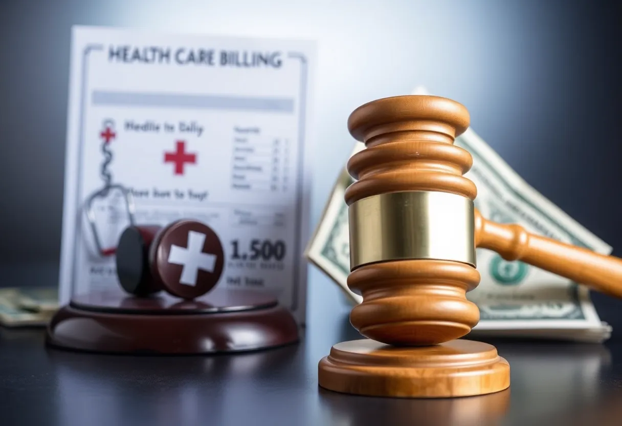 An illustration depicting health care fraud concepts with medical and legal symbols.
