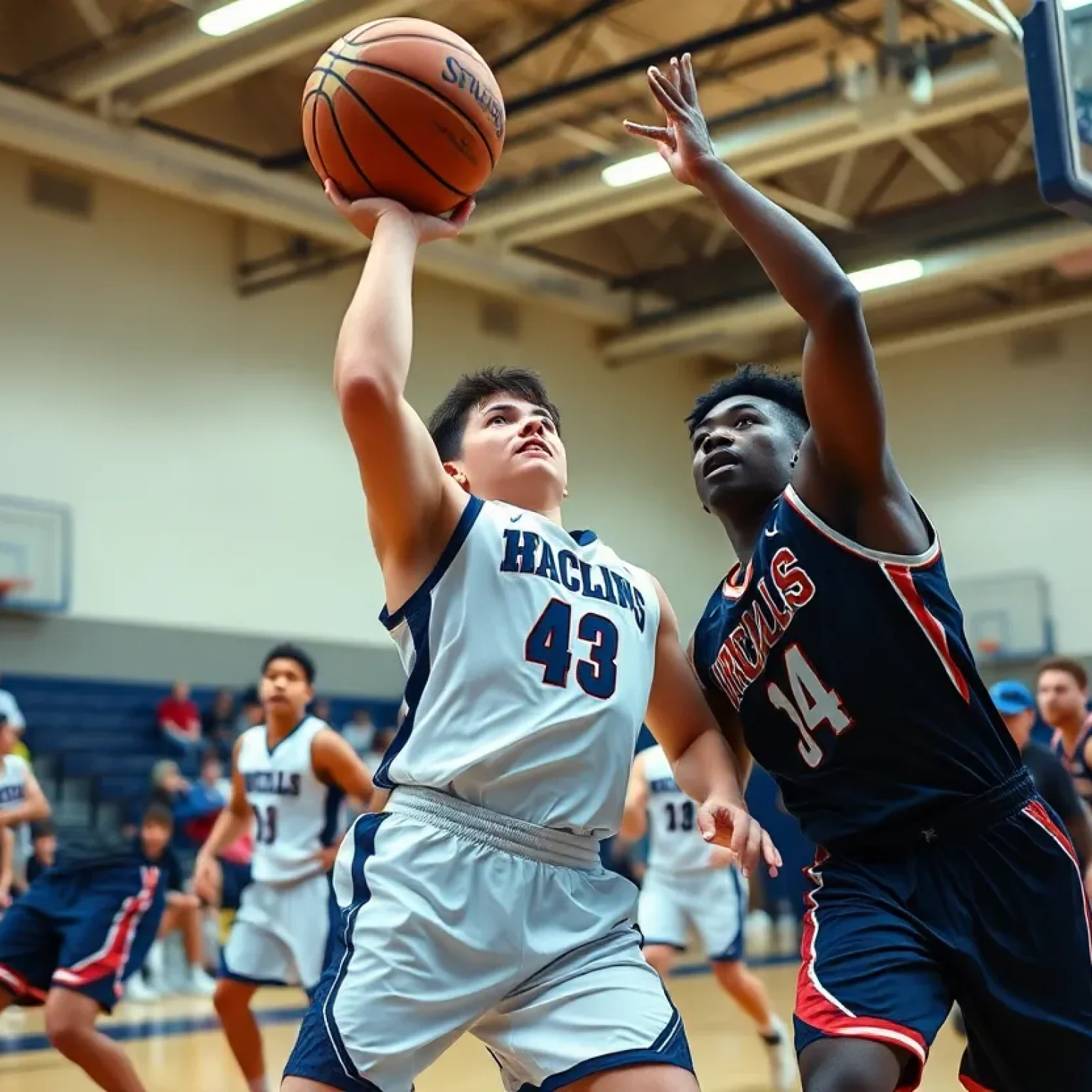 High school basketball players in action on the court.