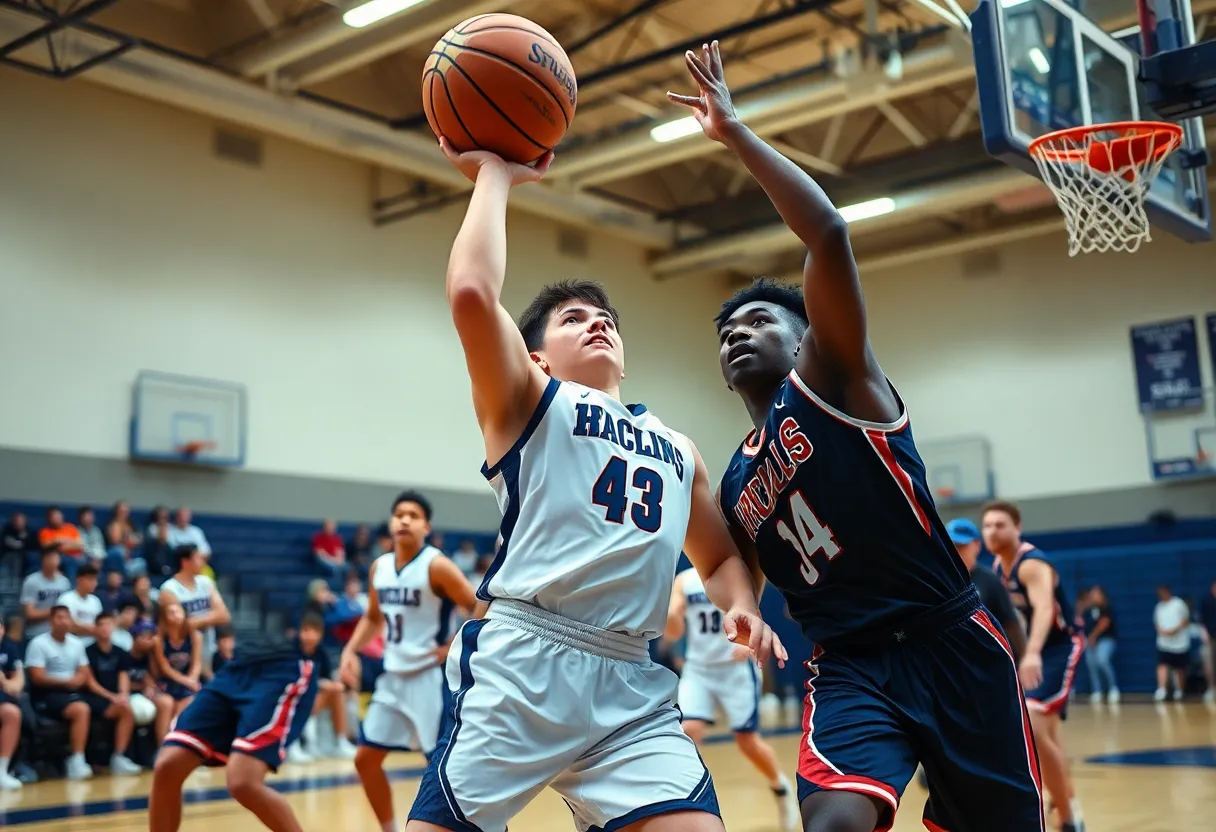High school basketball players in action on the court.