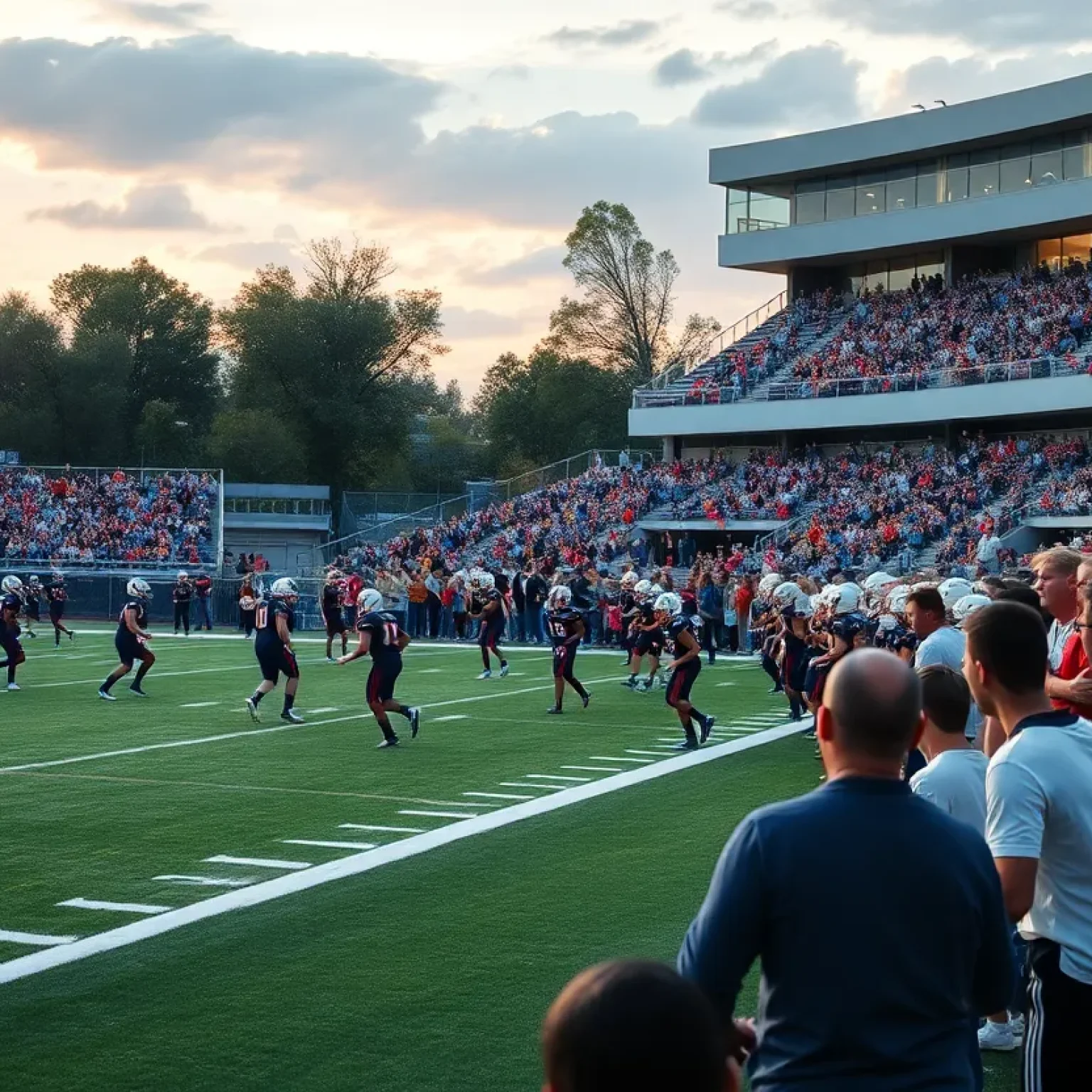 Players competing on a high school football field with enthusiastic fans in the background