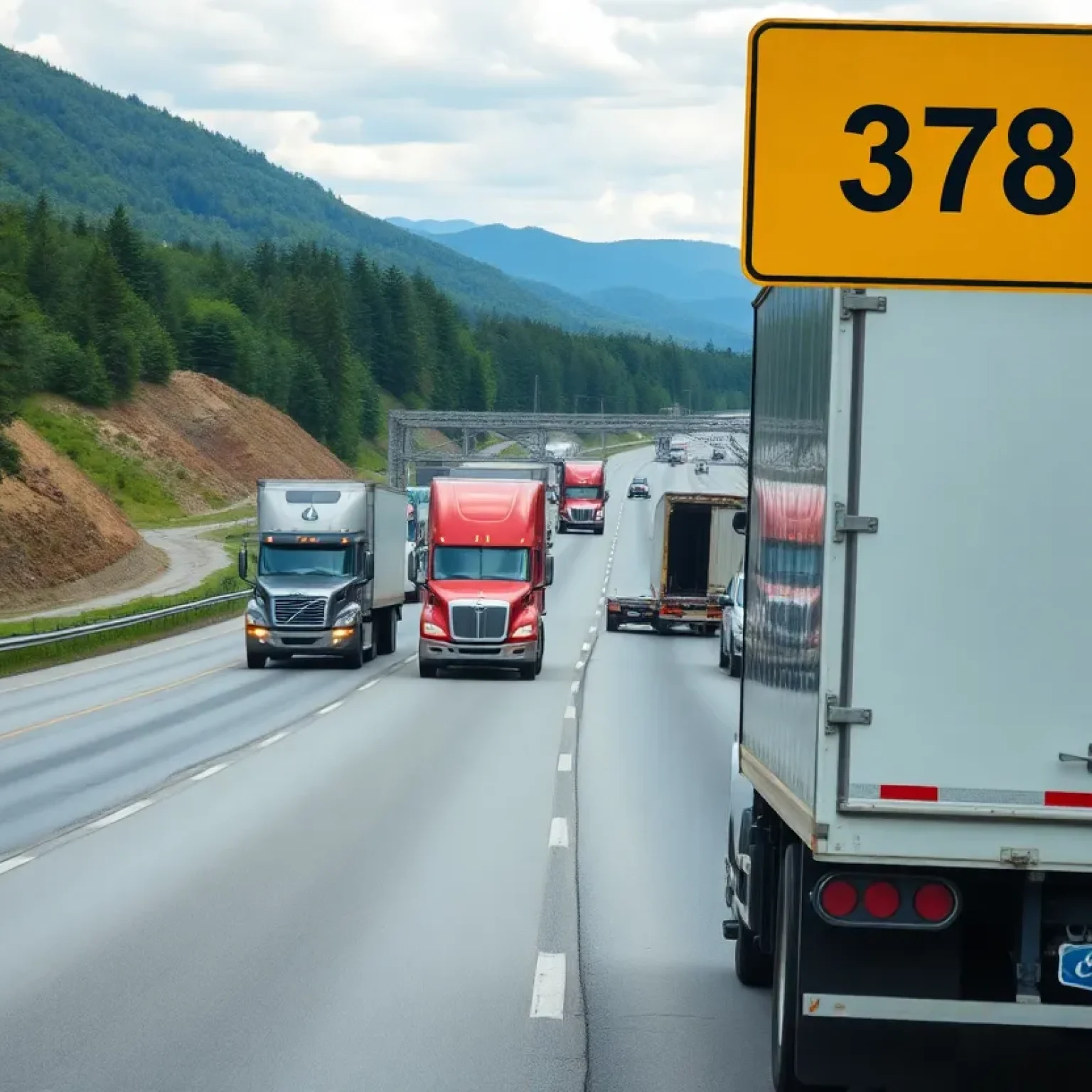 Traffic on Highway 378 with tractor-trailers and warning signs for drivers.