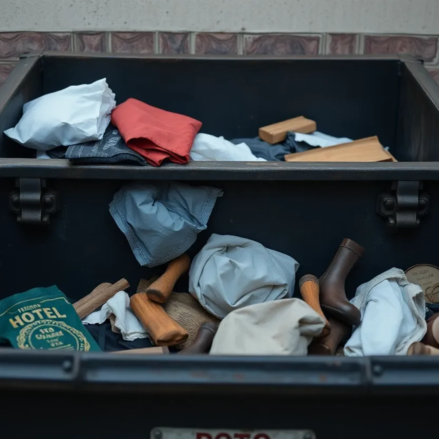 A hotel dumpster outside with discarded items