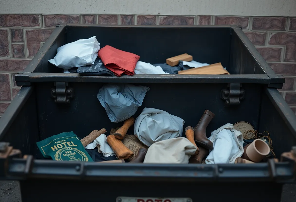 A hotel dumpster outside with discarded items