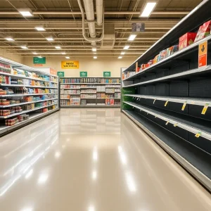 Empty grocery store aisle, sign indicating closure