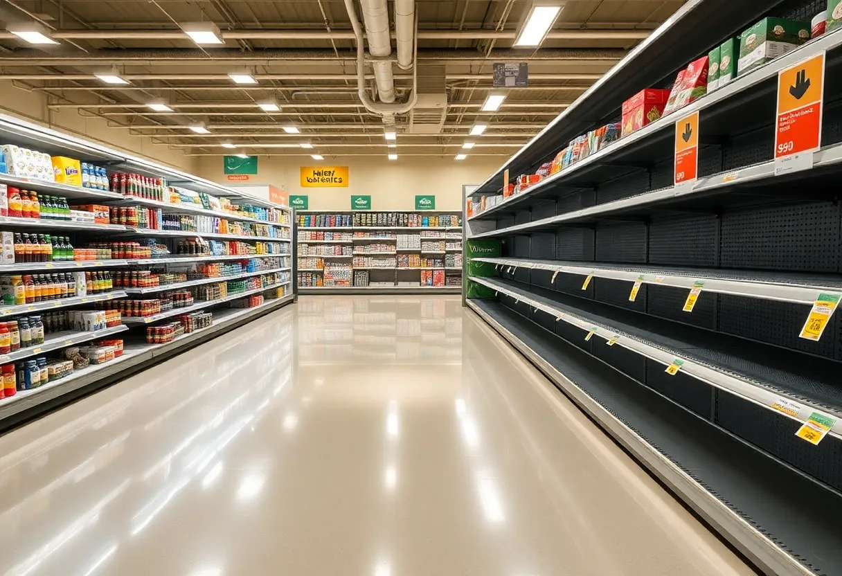 Empty grocery store aisle, sign indicating closure
