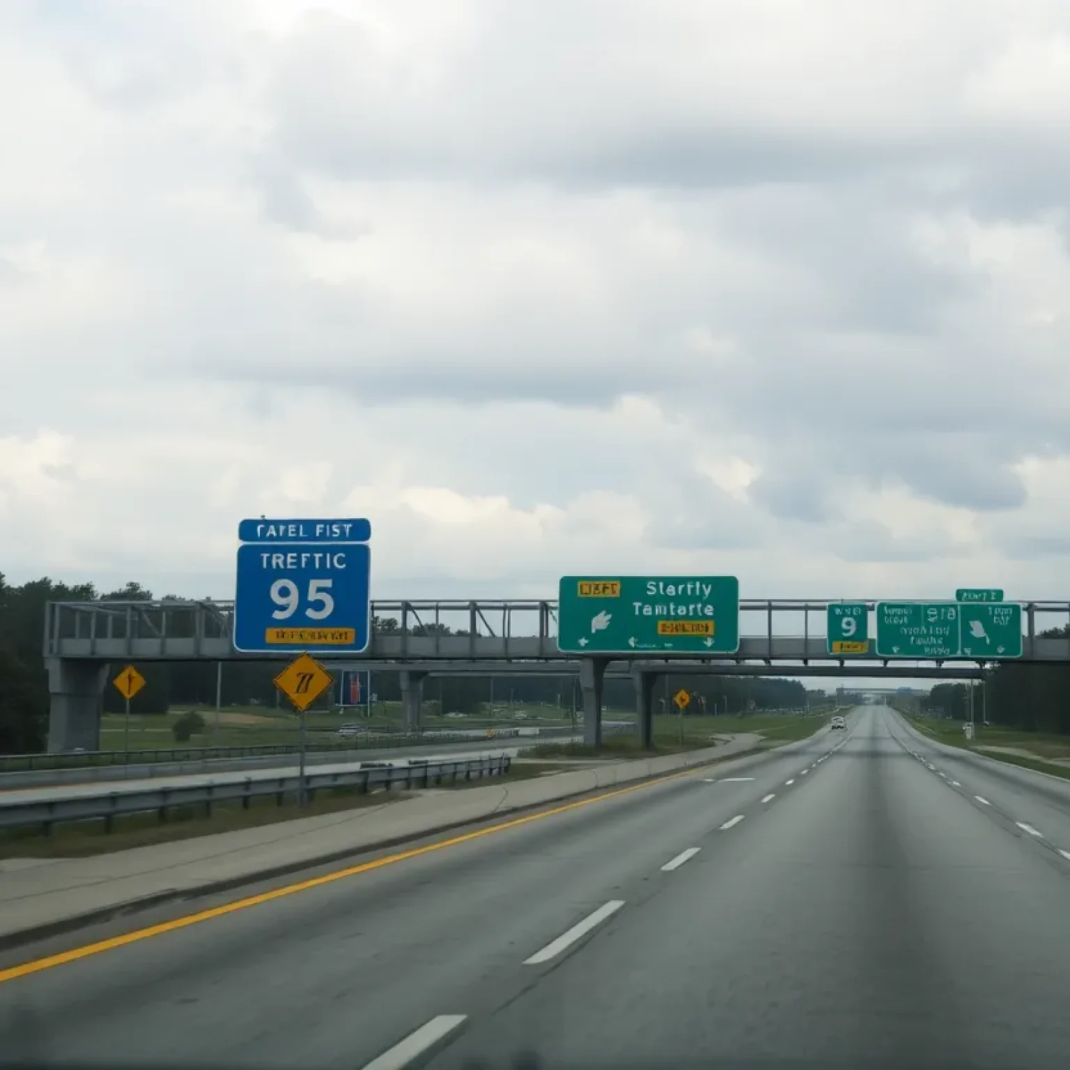 A view of Interstate 95 showing traffic safety signs in South Carolina.