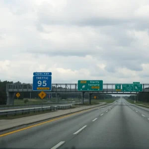 A view of Interstate 95 showing traffic safety signs in South Carolina.