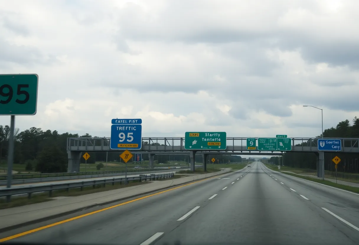 A view of Interstate 95 showing traffic safety signs in South Carolina.