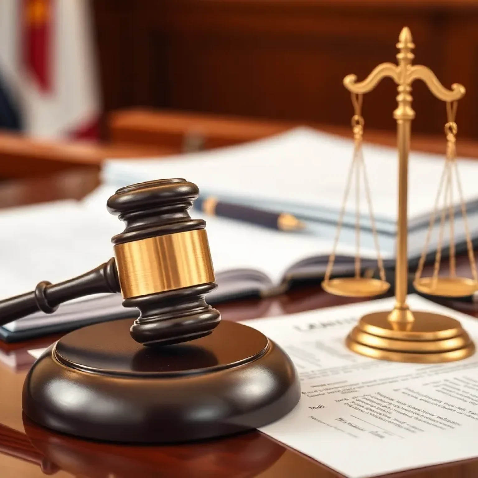 Courtroom symbols representing a discrimination lawsuit.