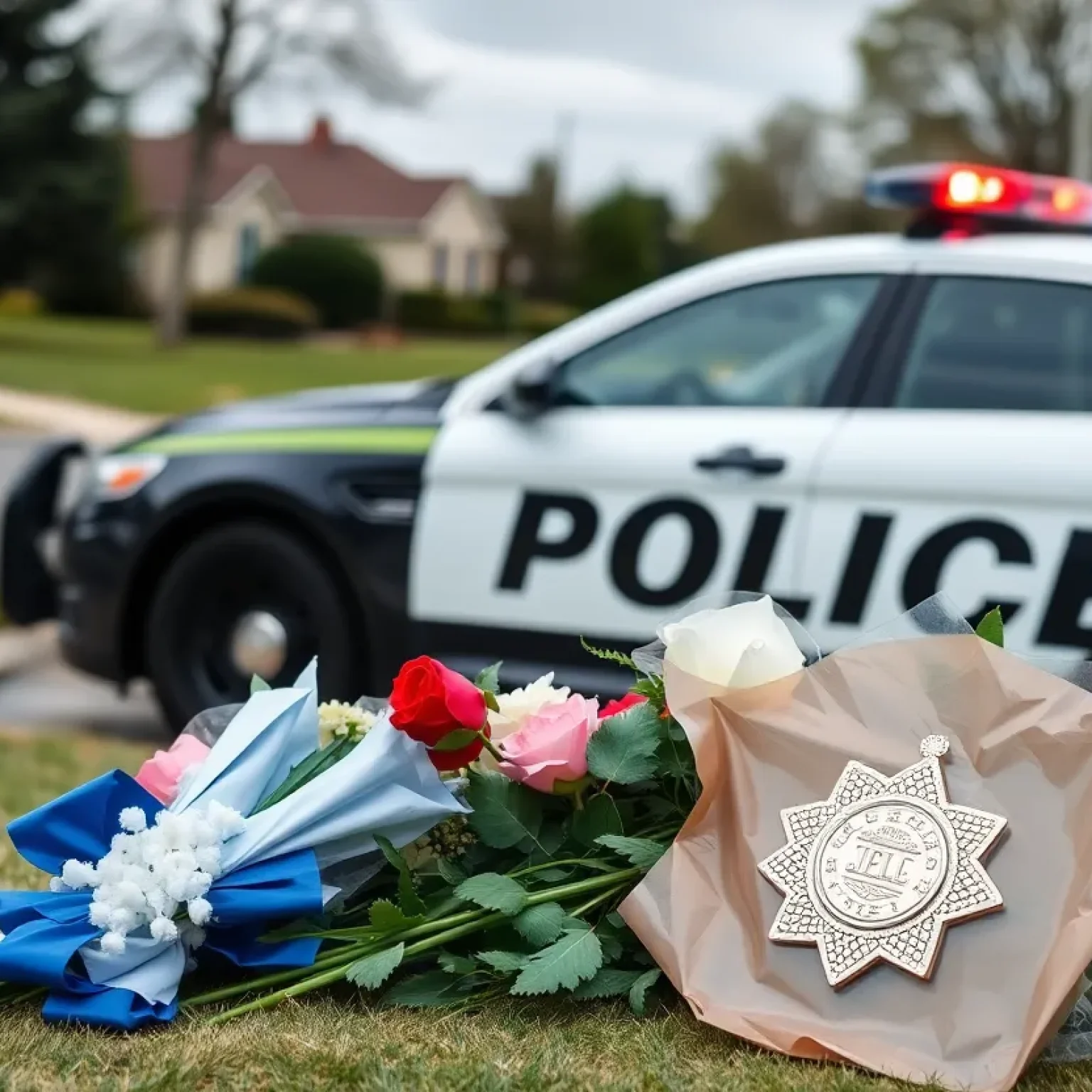 Memorial site for a fallen police officer with flowers and a badge.