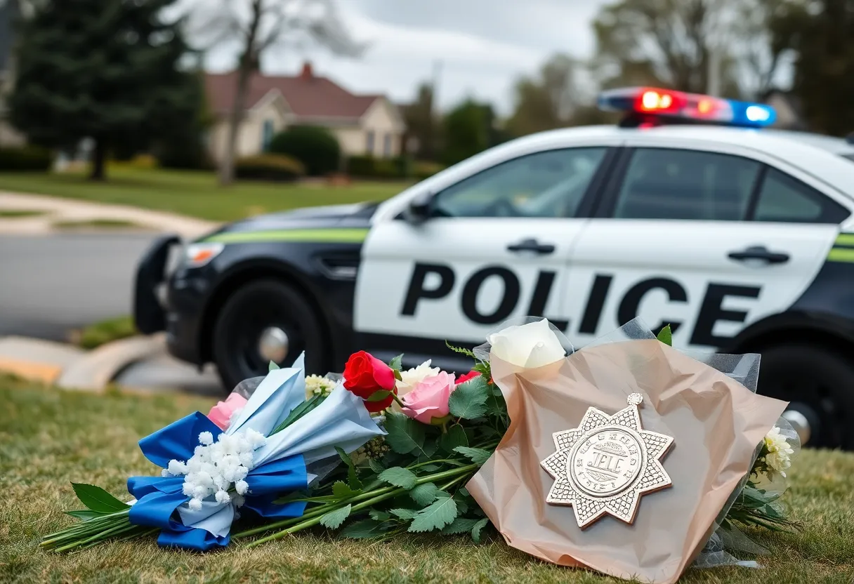 Memorial site for a fallen police officer with flowers and a badge.