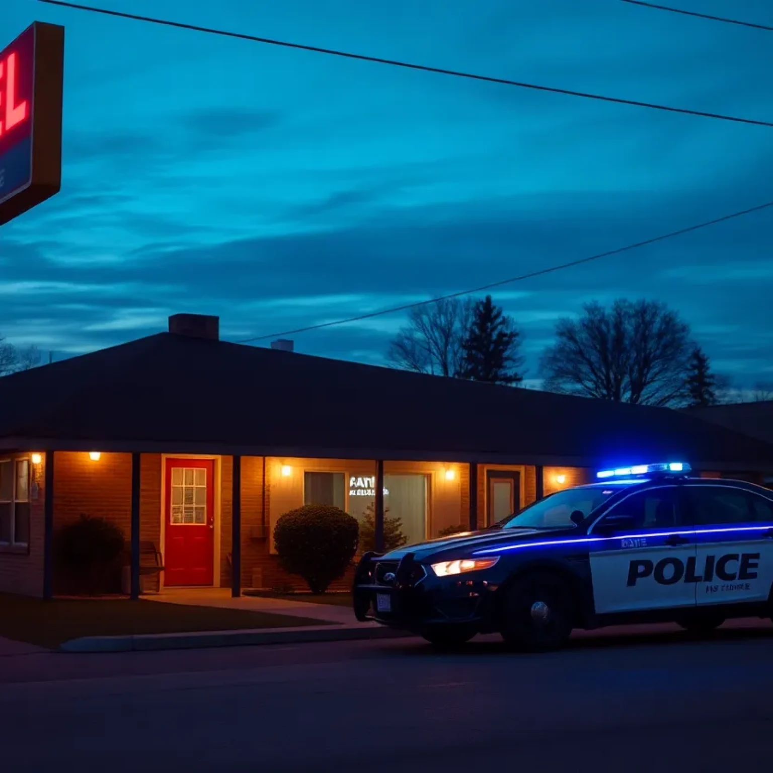 Police car parked outside a motel