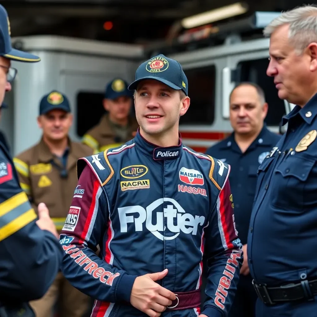 NASCAR driver engaging with first responders at a fire station