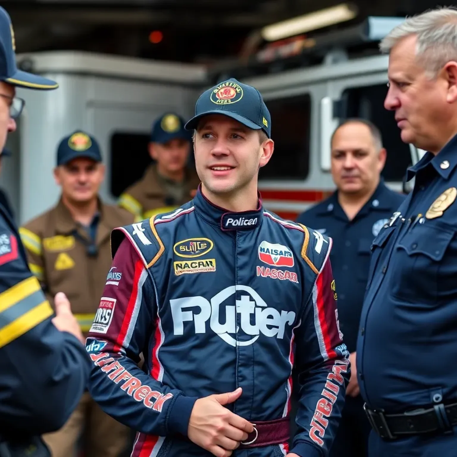 NASCAR driver engaging with first responders at a fire station