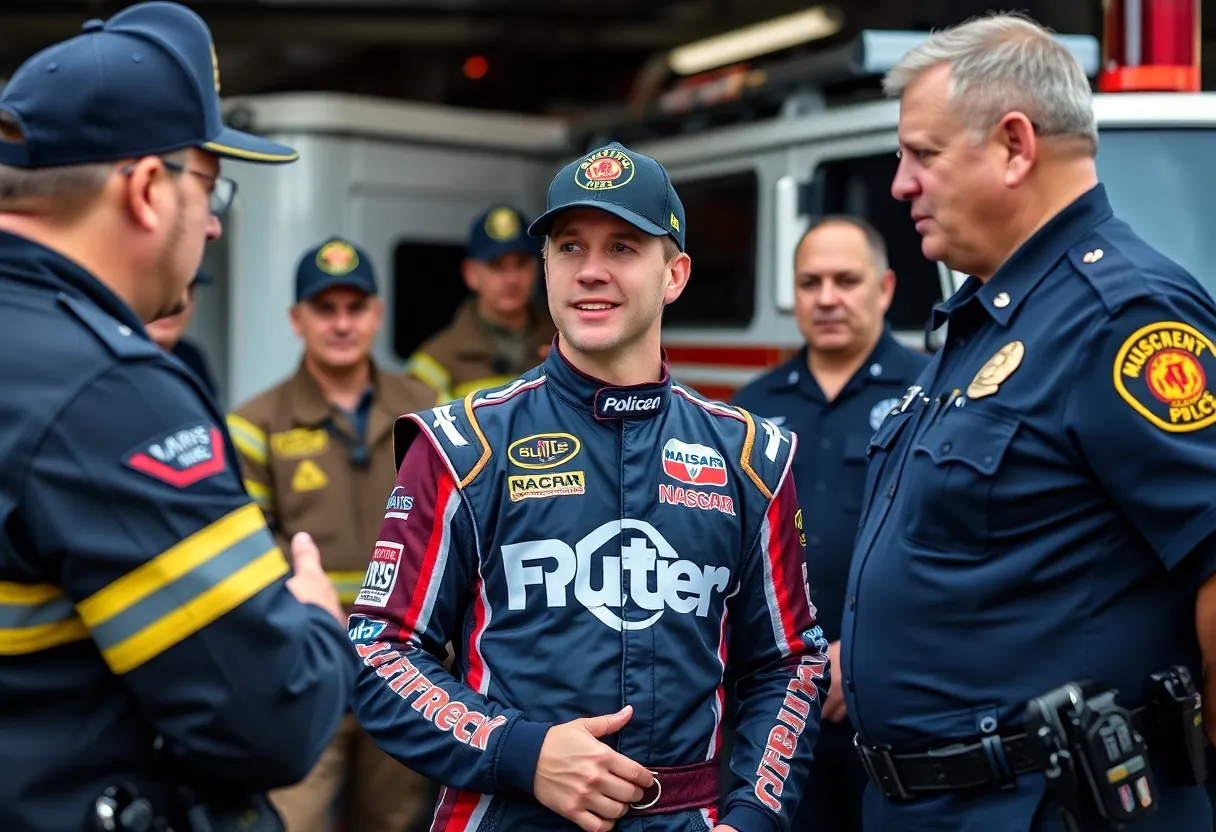 NASCAR driver engaging with first responders at a fire station