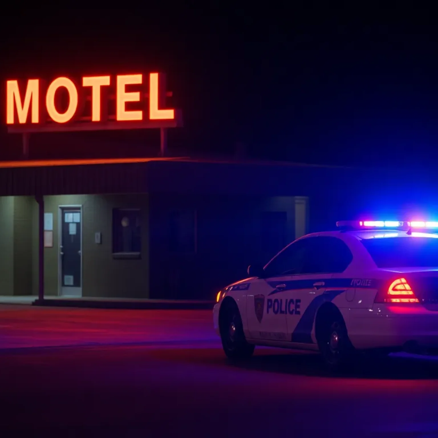Police car at night outside a motel
