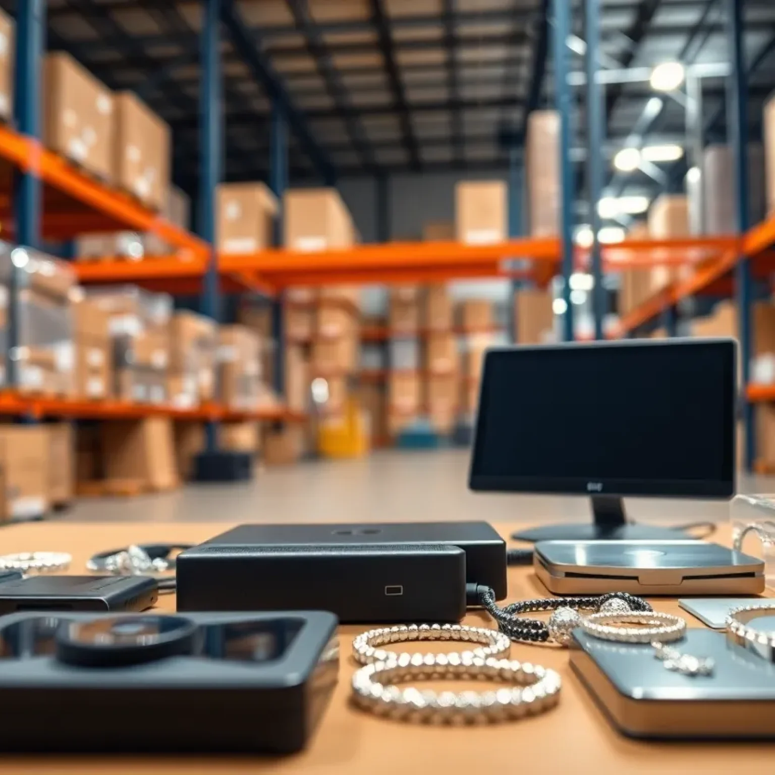 Representation of high-value goods at a distribution center with security emphasis.