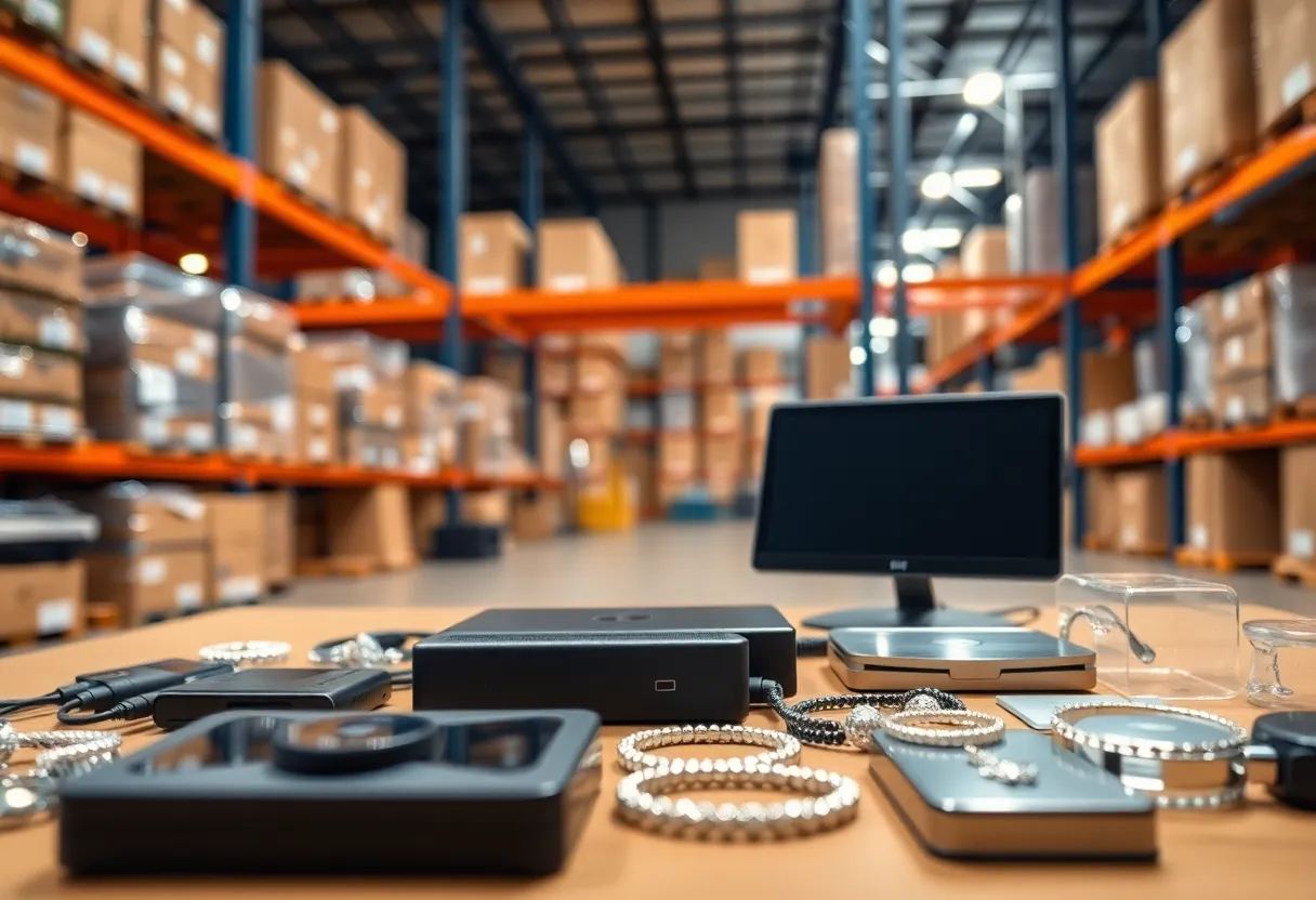 Representation of high-value goods at a distribution center with security emphasis.