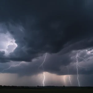 Dark storm clouds and lightning in the sky before a severe thunderstorm.