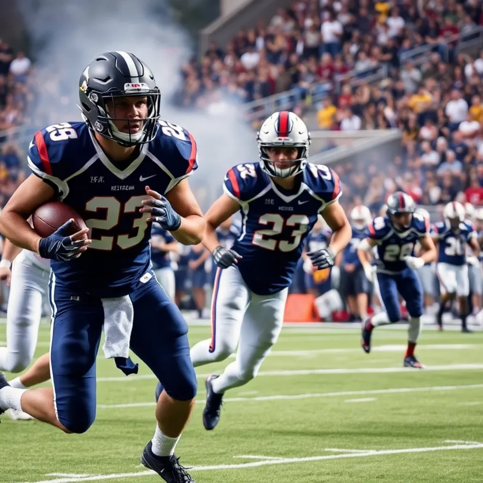 Action shot of college football players during a game