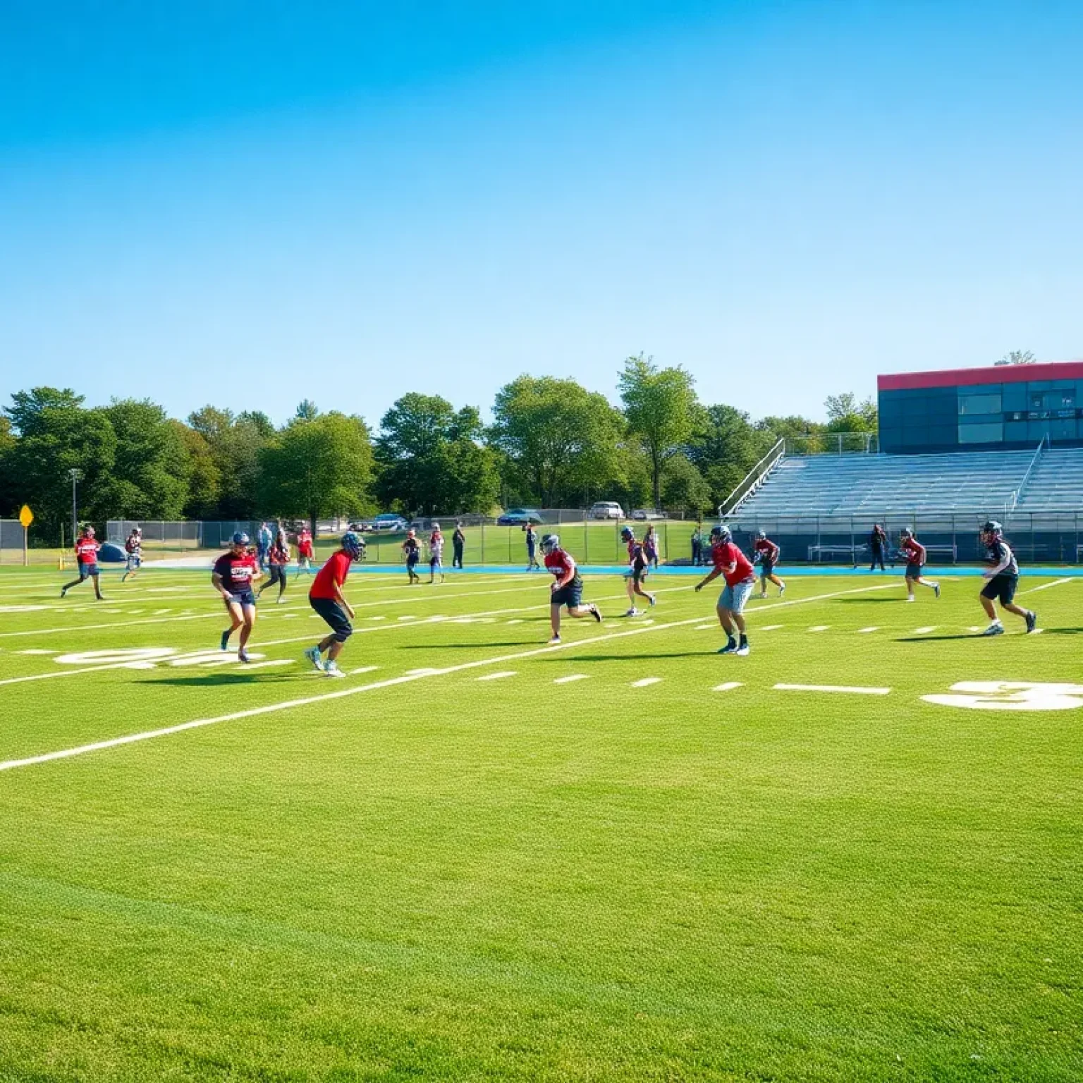 High school football players practicing on the field