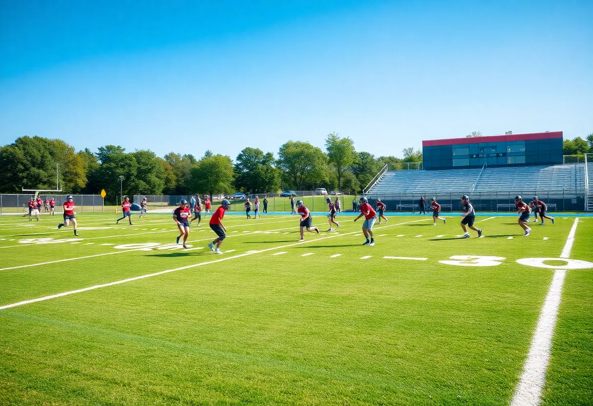 High school football players practicing on the field