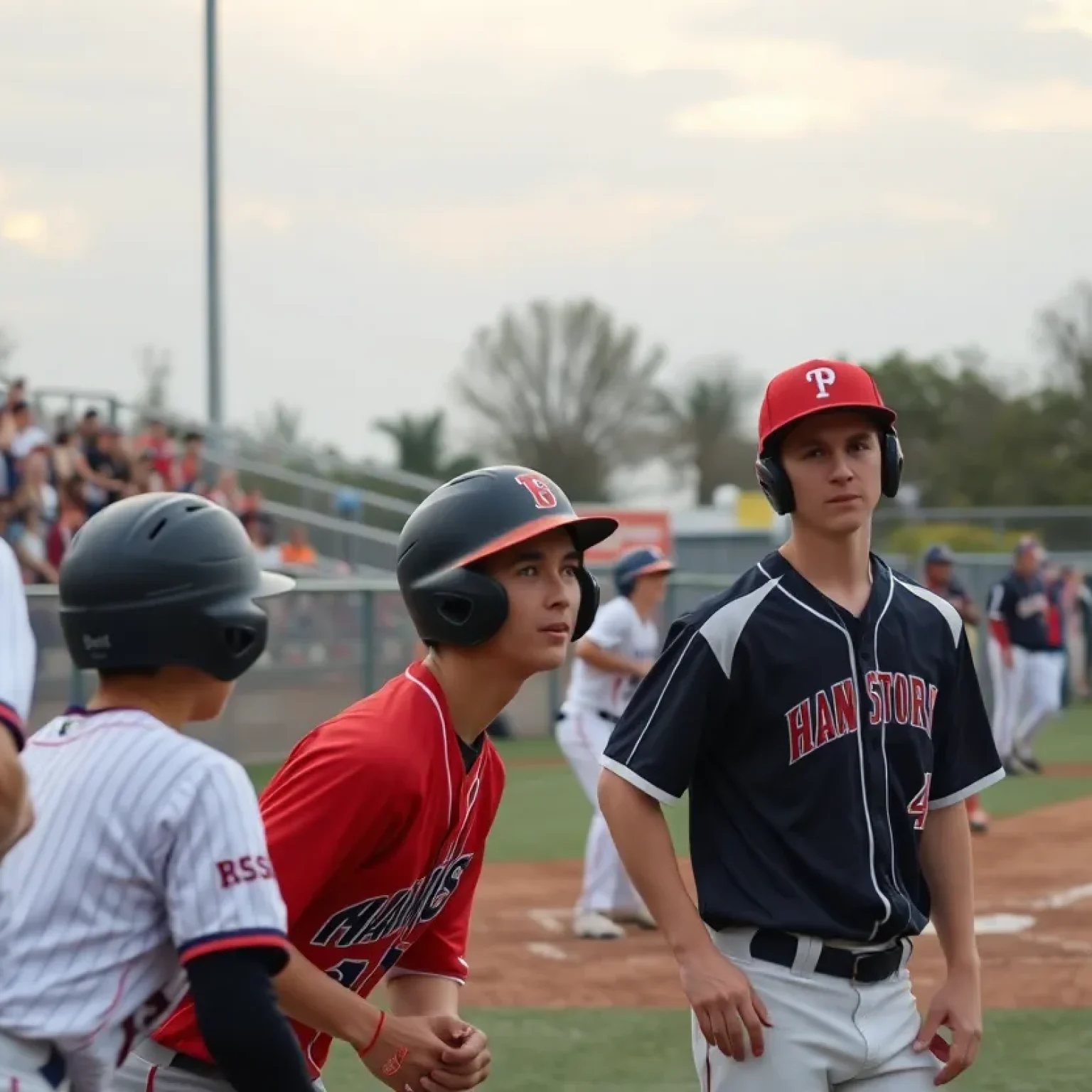 Players from two teams competing in a baseball game at a high school stadium.