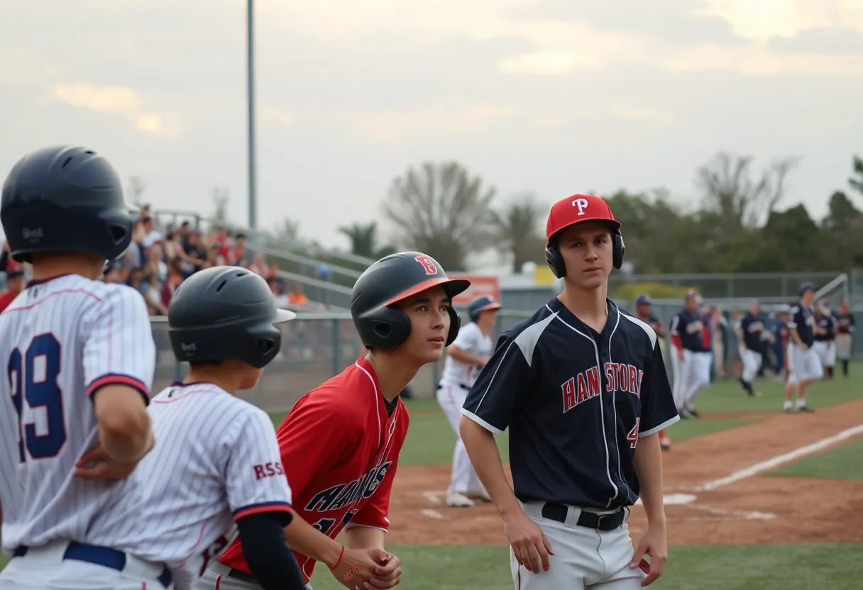 Players from two teams competing in a baseball game at a high school stadium.
