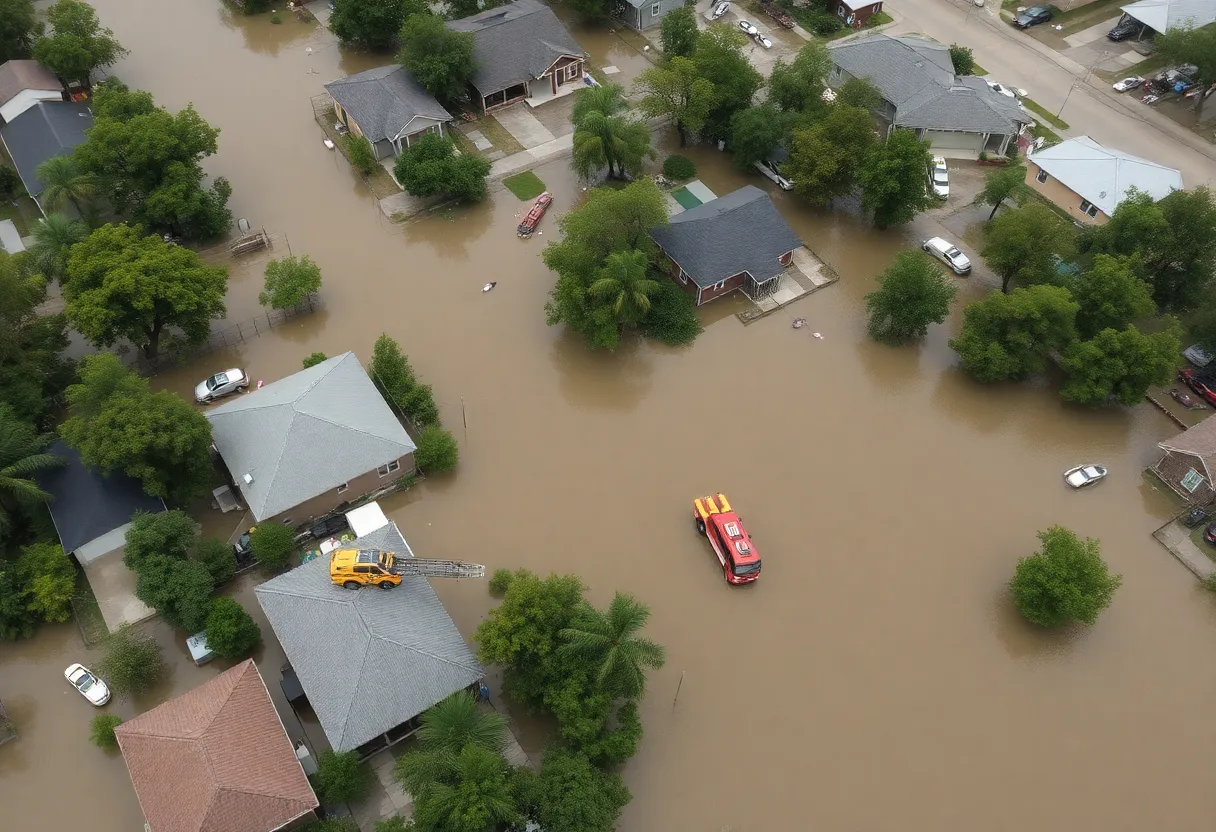 Emergency response teams conducting rescue operations in Texas flood affected area